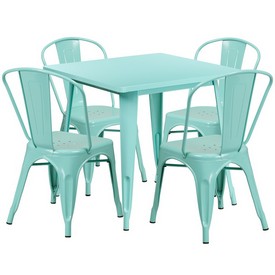 Commercial Grade 31.5" Square Mint Green Metal Indoor-Outdoor Table Set with 4 Stack Chairs, ET-CT002-4-30-MINT-GG