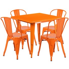 Commercial Grade 31.5" Square Orange Metal Indoor-Outdoor Table Set with 4 Stack Chairs, ET-CT002-4-30-OR-GG