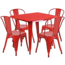 Commercial Grade 31.5" Square Red Metal Indoor-Outdoor Table Set with 4 Stack Chairs, ET-CT002-4-30-RED-GG