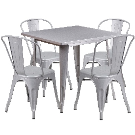 Commercial Grade 31.5" Square Silver Metal Indoor-Outdoor Table Set with 4 Stack Chairs, ET-CT002-4-30-SIL-GG