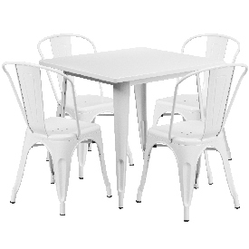 Commercial Grade 31.5" Square White Metal Indoor-Outdoor Table Set with 4 Stack Chairs, ET-CT002-4-30-WH-GG