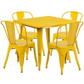 Commercial Grade 31.5" Square Yellow Metal Indoor-Outdoor Table Set with 4 Stack Chairs, ET-CT002-4-30-YL-GG