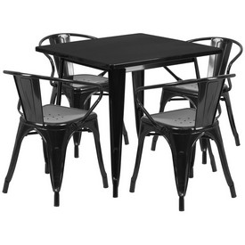 Commercial Grade 31.5" Square Black Metal Indoor-Outdoor Table Set with 4 Arm Chairs, ET-CT002-4-70-BK-GG