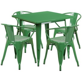 Commercial Grade 31.5" Square Green Metal Indoor-Outdoor Table Set with 4 Arm Chairs, ET-CT002-4-70-GN-GG
