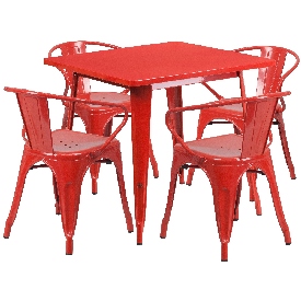 Commercial Grade 31.5" Square Red Metal Indoor-Outdoor Table Set with 4 Arm Chairs, ET-CT002-4-70-RED-GG