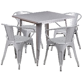 Commercial Grade 31.5" Square Silver Metal Indoor-Outdoor Table Set with 4 Arm Chairs, ET-CT002-4-70-SIL-GG