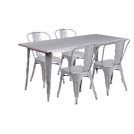 Commercial Grade 31.5" x 63" Rectangular Silver Metal Indoor-Outdoor Table Set with 4 Stack Chairs, ET-CT005-4-30-SIL-GG