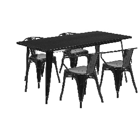 Commercial Grade 31.5" x 63" Rectangular Black Metal Indoor-Outdoor Table Set with 4 Arm Chairs, ET-CT005-4-70-BK-GG