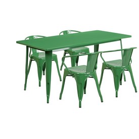 Commercial Grade 31.5" x 63" Rectangular Green Metal Indoor-Outdoor Table Set with 4 Arm Chairs, ET-CT005-4-70-GN-GG