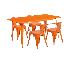 Commercial Grade 31.5" x 63" Rectangular Orange Metal Indoor-Outdoor Table Set with 4 Arm Chairs, ET-CT005-4-70-OR-GG
