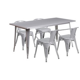 Commercial Grade 31.5" x 63" Rectangular Silver Metal Indoor-Outdoor Table Set with 4 Arm Chairs, ET-CT005-4-70-SIL-GG