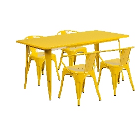 Commercial Grade 31.5" x 63" Rectangular Yellow Metal Indoor-Outdoor Table Set with 4 Arm Chairs, ET-CT005-4-70-YL-GG