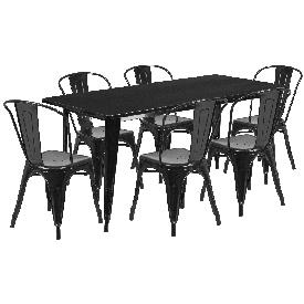 Commercial Grade 31.5" x 63" Rectangular Black Metal Indoor-Outdoor Table Set with 6 Stack Chairs, ET-CT005-6-30-BK-GG