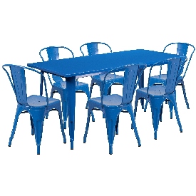Commercial Grade 31.5" x 63" Rectangular Blue Metal Indoor-Outdoor Table Set with 6 Stack Chairs, ET-CT005-6-30-BL-GG