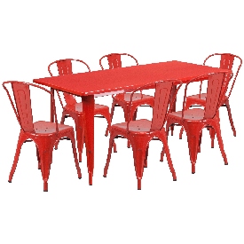Commercial Grade 31.5" x 63" Rectangular Red Metal Indoor-Outdoor Table Set with 6 Stack Chairs, ET-CT005-6-30-RED-GG