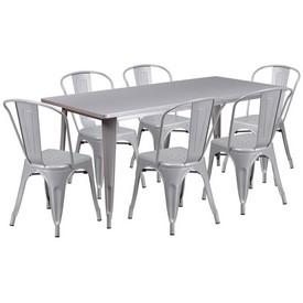 Commercial Grade 31.5" x 63" Rectangular Silver Metal Indoor-Outdoor Table Set with 6 Stack Chairs, ET-CT005-6-30-SIL-GG