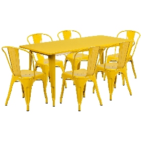 Commercial Grade 31.5" x 63" Rectangular Yellow Metal Indoor-Outdoor Table Set with 6 Stack Chairs, ET-CT005-6-30-YL-GG
