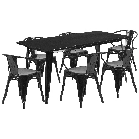 Commercial Grade 31.5" x 63" Rectangular Black Metal Indoor-Outdoor Table Set with 6 Arm Chairs, ET-CT005-6-70-BK-GG