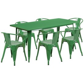 Commercial Grade 31.5" x 63" Rectangular Green Metal Indoor-Outdoor Table Set with 6 Arm Chairs, ET-CT005-6-70-GN-GG