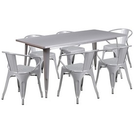 Commercial Grade 31.5" x 63" Rectangular Silver Metal Indoor-Outdoor Table Set with 6 Arm Chairs, ET-CT005-6-70-SIL-GG