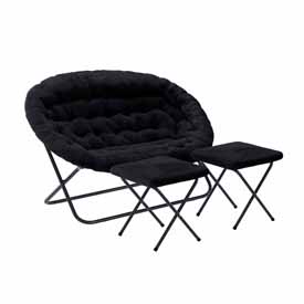 Eleanor 56" Portable Folding Double Saucer Chair with 2 Folding Ottomans Black Faux Fur with a Black Steel Frame for Dorm or Bedroom, FV-FDS-001-2FR-BK-BK-GG Eleanor 56" Portable Folding Double Saucer Chair with 2 Folding Ottomans Black Faux Fur with a Black Steel Frame for Dorm or Bedroom, FV-FDS-001-2FR-BK-BK-GG