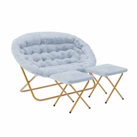 Eleanor 56" Portable Folding Double Saucer Chair with 2 Folding Ottomans in Dusty Aqua Faux Fur with a Soft Gold Steel Frame for Dorm or Bedroom, FV-FDS-001-2FR-DTAQ-SGD-GG Eleanor 56" Portable Folding Double Saucer Chair with 2 Folding Ottomans in Dusty Aqua Faux Fur with a Soft Gold Steel Frame for Dorm or Bedroom, FV-FDS-001-2FR-DTAQ-SGD-GG