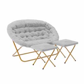 Eleanor 56" Portable Folding Double Saucer Chair with 2 Folding Ottomans Gray Faux Fur with a Soft Gold Steel Frame for Dorm or Bedroom, FV-FDS-001-2FR-GY-SGD-GG Eleanor 56" Portable Folding Double Saucer Chair with 2 Folding Ottomans Gray Faux Fur with a Soft Gold Steel Frame for Dorm or Bedroom, FV-FDS-001-2FR-GY-SGD-GG