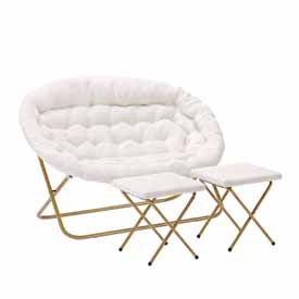 Eleanor 56" Portable Folding Double Saucer Chair with 2 Folding Ottomans Ivory Faux Shearling with a Soft Gold Steel Frame for Dorm or Bedroom, FV-FDS-001-2FR-IV-SGD-GG Eleanor 56" Portable Folding Double Saucer Chair with 2 Folding Ottomans Ivory Faux Shearling with a Soft Gold Steel Frame for Dorm or Bedroom, FV-FDS-001-2FR-IV-SGD-GG