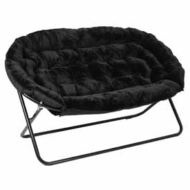 Eleanor 56" Portable Folding Double Saucer Chair in Black Faux Fur with a Black Steel Frame for Dorm, Living Room, or Bedroom, FV-FDS-001-BK-BK-GG Eleanor 56" Portable Folding Double Saucer Chair in Black Faux Fur with a Black Steel Frame for Dorm, Living Room, or Bedroom, FV-FDS-001-BK-BK-GG