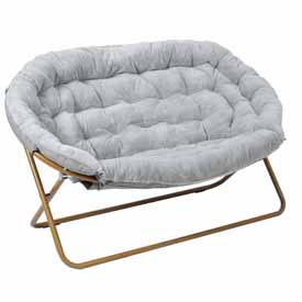 Eleanor 56" Portable Folding Double Saucer Chair in Gray Faux Fur with a Soft Gold Steel Frame for Dorm, Living Room, or Bedroom, FV-FDS-001-GY-SGD-GG Eleanor 56" Portable Folding Double Saucer Chair in Gray Faux Fur with a Soft Gold Steel Frame for Dorm, Living Room, or Bedroom, FV-FDS-001-GY-SGD-GG