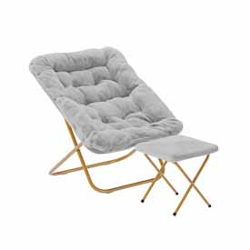 Archer 28" Oversized Portable Faux Fur Folding Saucer Chair with folding Ottoman for Dorm, Bedroom, Gray Faux Fur/Soft Gold Frame, FV-FSC-027-FR-GY-SGD-GG Archer 28" Oversized Portable Faux Fur Folding Saucer Chair with folding Ottoman for Dorm, Bedroom, Gray Faux Fur/Soft Gold Frame, FV-FSC-027-FR-GY-SGD-GG