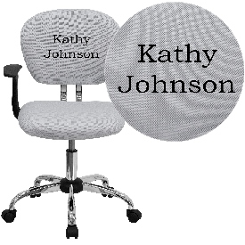 Personalized Mid-Back White Mesh Swivel Task Office Chair with Chrome Base and Arms, H-2376-F-WHT-ARMS-TXTEMB-GG