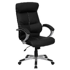 High Back Black LeatherSoft Executive Swivel Office Chair with Curved Headrest and White Line Stitching, H-9637L-1C-HIGH-GG