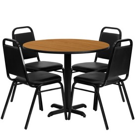 36'' Round Natural Laminate Table Set with X-Base and 4 Black Trapezoidal Back Banquet Chairs, HDBF1003-GG