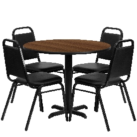36'' Round Walnut Laminate Table Set with X-Base and 4 Black Trapezoidal Back Banquet Chairs, HDBF1004-GG
