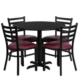 36'' Round Black Laminate Table Set with X-Base and 4 Ladder Back Metal Chairs - Burgundy Vinyl Seat, HDBF1005-GG