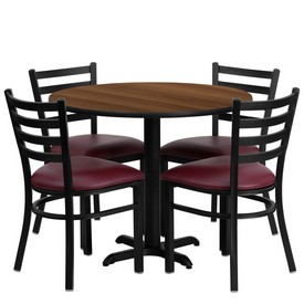 36'' Round Walnut Laminate Table Set with X-Base and 4 Ladder Back Metal Chairs - Burgundy Vinyl Seat, HDBF1008-GG