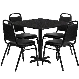 36'' Square Black Laminate Table Set with X-Base and 4 Black Trapezoidal Back Banquet Chairs, HDBF1009-GG
