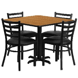 36'' Square Natural Laminate Table Set with X-Base and 4 Ladder Back Metal Chairs - Black Vinyl Seat, HDBF1015-GG