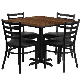 36'' Square Walnut Laminate Table Set with X-Base and 4 Ladder Back Metal Chairs - Black Vinyl Seat, HDBF1016-GG