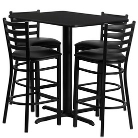 24''W x 42''L Rectangular Black Laminate Table Set with 4 Ladder Back Metal Barstools - Black Vinyl Seat, HDBF1017-GG