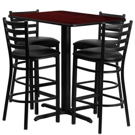 24''W x 42''L Rectangular Mahogany Laminate Table Set with 4 Ladder Back Metal Barstools - Black Vinyl Seat, HDBF1018-GG