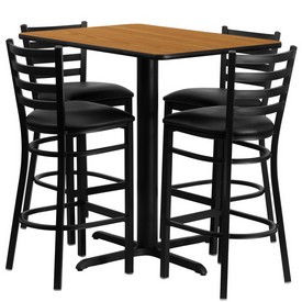 24''W x 42''L Rectangular Natural Laminate Table Set with 4 Ladder Back Metal Barstools - Black Vinyl Seat, HDBF1019-GG
