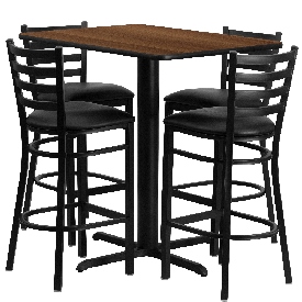 24''W x 42''L Rectangular Walnut Laminate Table Set with 4 Ladder Back Metal Barstools - Black Vinyl Seat, HDBF1020-GG