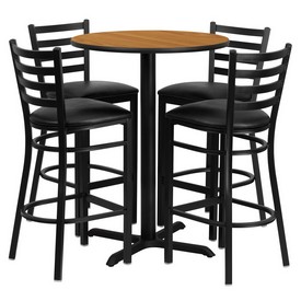 30'' Round Natural Laminate Table Set with X-Base and 4 Ladder Back Metal Barstools - Black Vinyl Seat, HDBF1023-GG