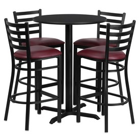 30'' Round Black Laminate Table Set with X-Base and 4 Ladder Back Metal Barstools - Burgundy Vinyl Seat, HDBF1025-GG