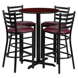 30'' Round Mahogany Laminate Table Set with X-Base and 4 Ladder Back Metal Barstools - Burgundy Vinyl Seat, HDBF1026-GG