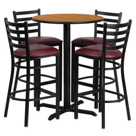 30'' Round Natural Laminate Table Set with X-Base and 4 Ladder Back Metal Barstools - Burgundy Vinyl Seat, HDBF1027-GG