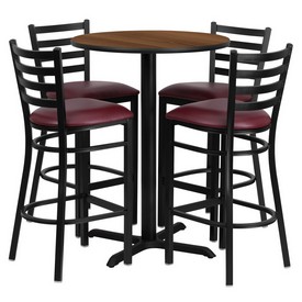 30'' Round Walnut Laminate Table Set with X-Base and 4 Ladder Back Metal Barstools - Burgundy Vinyl Seat, HDBF1028-GG
