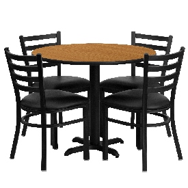 36'' Round Natural Laminate Table Set with X-Base and 4 Ladder Back Metal Chairs - Black Vinyl Seat, HDBF1031-GG